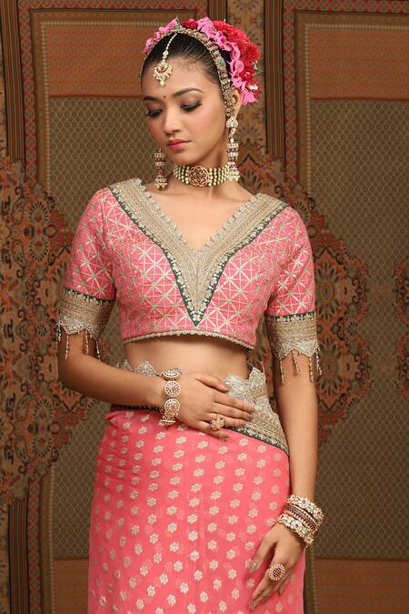 Shop Shikhar Sharma Pink Saree Embellished Gota V Neck Flower Woven With Blouse Online at Aza Fashions Shop_Shikhar Sharma_Pink Saree Embellished Gota V Neck Flower Woven With Blouse _Online_at_Aza_Fashions