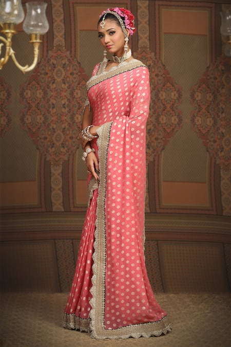 Shikhar Sharma Pink Saree Embellished Gota V Neck Flower Woven With Blouse at Aza Fashions Shikhar Sharma_Pink Saree Embellished Gota V Neck Flower Woven With Blouse _at_Aza_Fashions