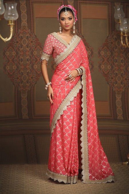 SHIKHAR SHARMA Pink Saree Embellished Gota V Neck Floral Jaal Woven Chanderi With Blouse 