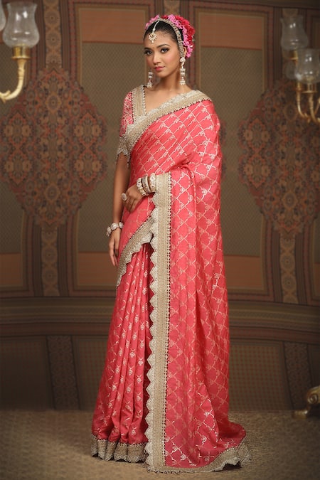 Shikhar Sharma_Pink Saree Embellished Gota V Neck Floral Jaal Woven Chanderi With Blouse _at_Aza_Fashions