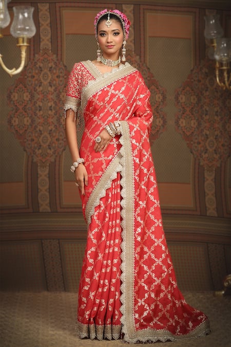 SHIKHAR SHARMA Red Saree Embellished Gota V Neck Floral Woven Chanderi With Blouse 