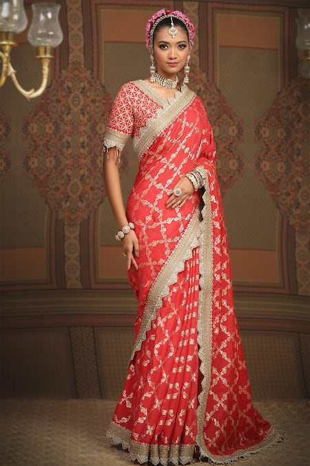 Shikhar Sharma_Red Saree Embellished Gota V Neck Floral Woven Chanderi With Blouse _Online_at_Aza_Fashions
