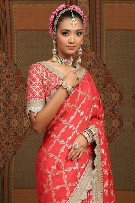 Buy_Shikhar Sharma_Red Saree Embellished Gota V Neck Floral Woven Chanderi With Blouse _Online_at_Aza_Fashions