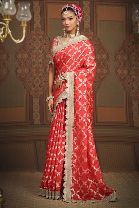 Shikhar Sharma_Red Saree Embellished Gota V Neck Floral Woven Chanderi With Blouse _at_Aza_Fashions
