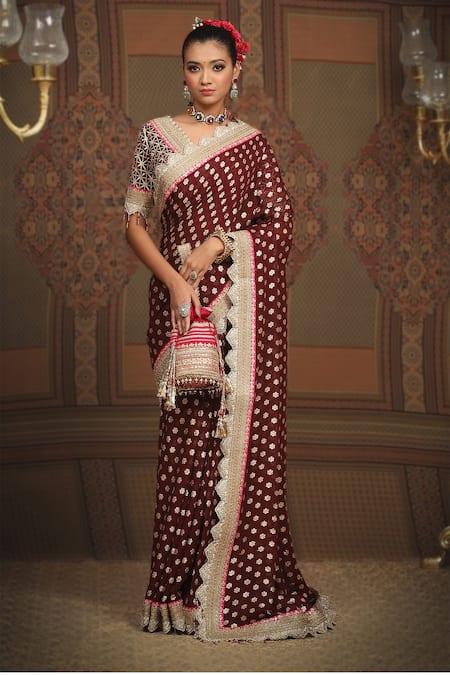 SHIKHAR SHARMA Maroon Saree Embellished Gota V Neck Lace Border With Embroidered Blouse 