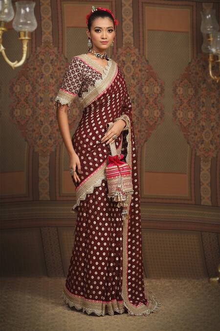 Shikhar Sharma Maroon Saree Embellished Gota V Neck Lace Border With Embroidered Blouse Online at Aza Fashions Shikhar Sharma_Maroon Saree Embellished Gota V Neck Lace Border With Embroidered Blouse _Online_at_Aza_Fashions