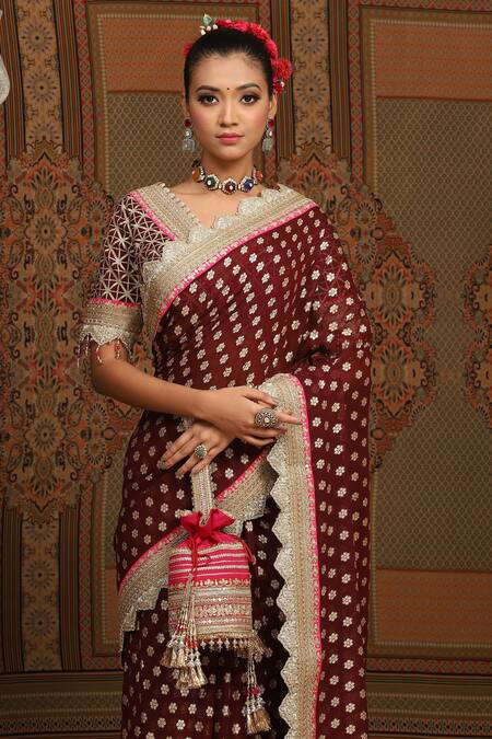 Buy Shikhar Sharma Maroon Saree Embellished Gota V Neck Lace Border With Embroidered Blouse Online at Aza Fashions Buy_Shikhar Sharma_Maroon Saree Embellished Gota V Neck Lace Border With Embroidered Blouse _Online_at_Aza_Fashions