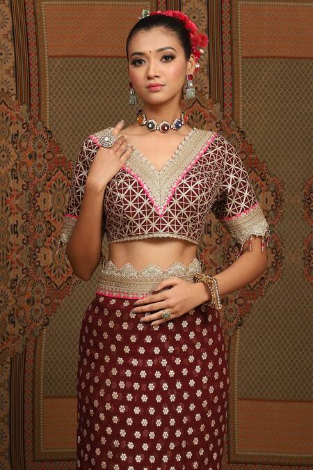 Shop Shikhar Sharma Maroon Saree Embellished Gota V Neck Lace Border With Embroidered Blouse Online at Aza Fashions Shop_Shikhar Sharma_Maroon Saree Embellished Gota V Neck Lace Border With Embroidered Blouse _Online_at_Aza_Fashions