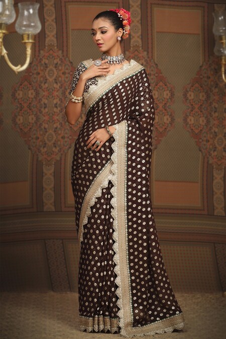 SHIKHAR SHARMA Brown Saree Embellished Gota V Neck Lace Border With Work Blouse 
