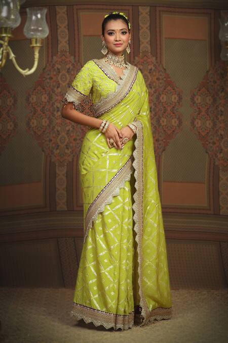 Shikhar Sharma Green Saree Embellished Gota V Neck Chanderi Floral Jaal Pattern With Blouse Online at Aza Fashions Shikhar Sharma_Green Saree Embellished Gota V Neck Chanderi Floral Jaal Pattern With Blouse _Online_at_Aza_Fashions