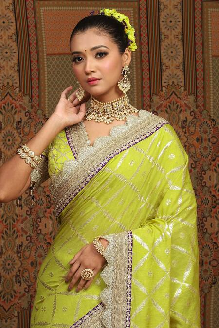 Buy Shikhar Sharma Green Saree Embellished Gota V Neck Chanderi Floral Jaal Pattern With Blouse Online at Aza Fashions Buy_Shikhar Sharma_Green Saree Embellished Gota V Neck Chanderi Floral Jaal Pattern With Blouse _Online_at_Aza_Fashions