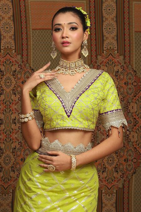 Shop Shikhar Sharma Green Saree Embellished Gota V Neck Chanderi Floral Jaal Pattern With Blouse Online at Aza Fashions Shop_Shikhar Sharma_Green Saree Embellished Gota V Neck Chanderi Floral Jaal Pattern With Blouse _Online_at_Aza_Fashions