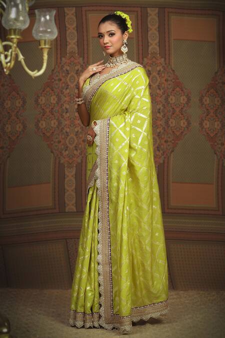 Shikhar Sharma Green Saree Embellished Gota V Neck Chanderi Floral Jaal Pattern With Blouse at Aza Fashions Shikhar Sharma_Green Saree Embellished Gota V Neck Chanderi Floral Jaal Pattern With Blouse _at_Aza_Fashions