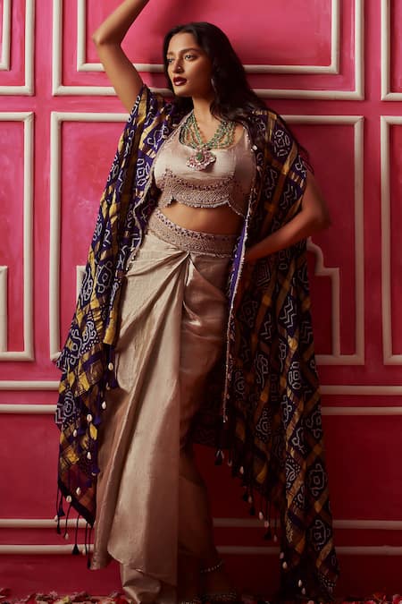 Buy_Pink City By Sarika_Purple Silk, Tissue Sequins Round Gharchola Bandhani Print Cape Draped Skirt Set _Online_at_Aza_Fashions
