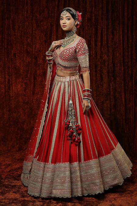Shikhar Sharma Red Silk, Chanderi, Net Embroidery, Beads, Tassels, Surkh Bridal Lehenga Set Online at Aza Fashions Shikhar Sharma_Red Silk, Chanderi, Net Embroidery, Beads, Tassels, Surkh Bridal Lehenga Set _Online_at_Aza_Fashions