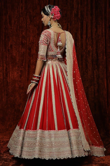 Shop Shikhar Sharma Red Silk, Chanderi, Net Embroidery, Beads, Tassels, Surkh Bridal Lehenga Set at Aza Fashions Shop_Shikhar Sharma_Red Silk, Chanderi, Net Embroidery, Beads, Tassels, Surkh Bridal Lehenga Set _at_Aza_Fashions
