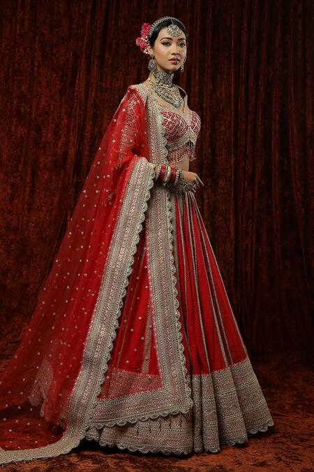Shop Shikhar Sharma Red Silk, Chanderi, Net Embroidery, Beads, Tassels, Surkh Bridal Lehenga Set Online at Aza Fashions Shop_Shikhar Sharma_Red Silk, Chanderi, Net Embroidery, Beads, Tassels, Surkh Bridal Lehenga Set _Online_at_Aza_Fashions