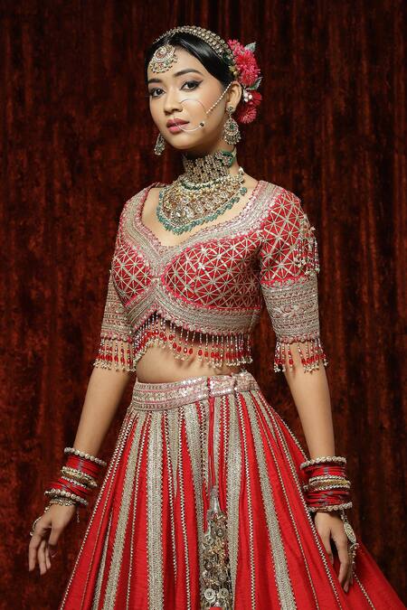 Shikhar Sharma Red Silk, Chanderi, Net Embroidery, Beads, Tassels, Surkh Bridal Lehenga Set at Aza Fashions Shikhar Sharma_Red Silk, Chanderi, Net Embroidery, Beads, Tassels, Surkh Bridal Lehenga Set _at_Aza_Fashions