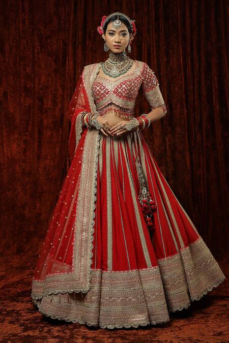 Buy Shikhar Sharma Red Silk, Chanderi, Net Embroidery, Beads, Tassels, Surkh Bridal Lehenga Set Buy_Shikhar Sharma_Red Silk, Chanderi, Net Embroidery, Beads, Tassels, Surkh Bridal Lehenga Set