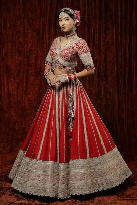 Shikhar Sharma_Red Silk, Chanderi, Net Zari, Diamonds, Rose Stripe Pattern Bridal Lehenga Set _Online_at_Aza_Fashions