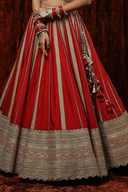Buy_Shikhar Sharma_Red Silk, Chanderi, Net Zari, Diamonds, Rose Stripe Pattern Bridal Lehenga Set _Online_at_Aza_Fashions
