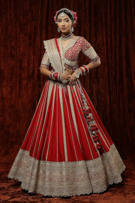 Shop_Shikhar Sharma_Red Silk, Chanderi, Net Zari, Diamonds, Rose Stripe Pattern Bridal Lehenga Set _Online_at_Aza_Fashions