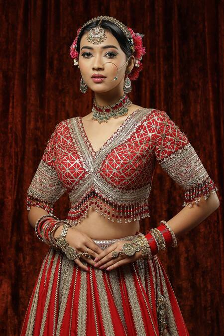 Shikhar Sharma_Red Silk, Chanderi, Net Zari, Diamonds, Rose Stripe Pattern Bridal Lehenga Set _at_Aza_Fashions