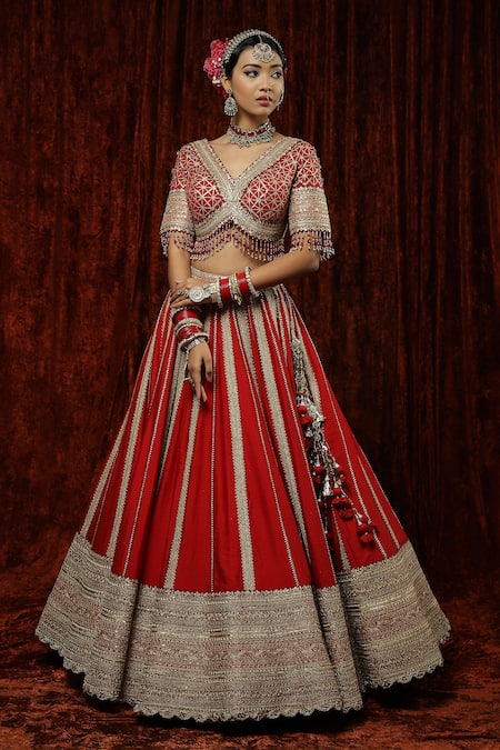 Buy_Shikhar Sharma_Red Silk, Chanderi, Net Zari, Diamonds, Rose Stripe Pattern Bridal Lehenga Set 