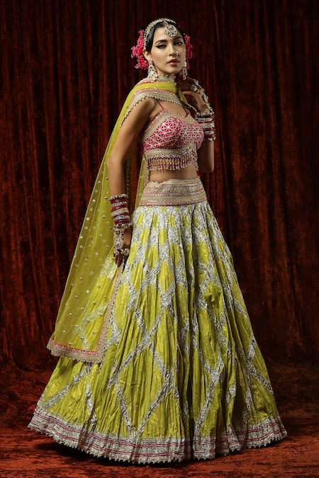 Shikhar Sharma_Green Lehenga Cotton Shimmer Chanderi Embroidery Gota Sweetheart Neck Set _Online_at_Aza_Fashions