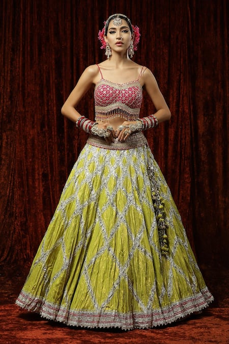 Buy_Shikhar Sharma_Green Lehenga Cotton Shimmer Chanderi Embroidery Gota Sweetheart Neck Set _Online_at_Aza_Fashions