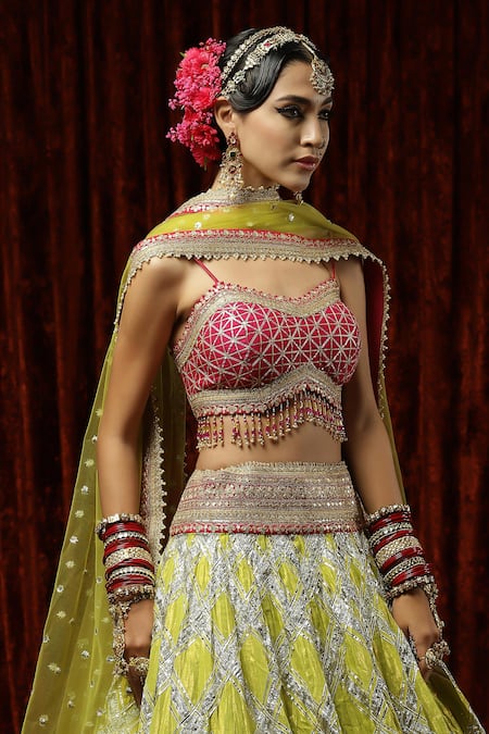 Shop_Shikhar Sharma_Green Lehenga Cotton Shimmer Chanderi Embroidery Gota Sweetheart Neck Set _Online_at_Aza_Fashions