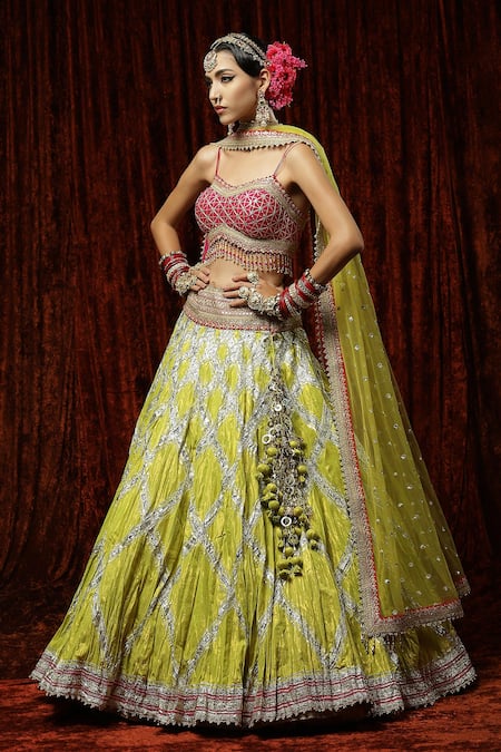 Shikhar Sharma_Green Lehenga Cotton Shimmer Chanderi Embroidery Gota Sweetheart Neck Set _at_Aza_Fashions