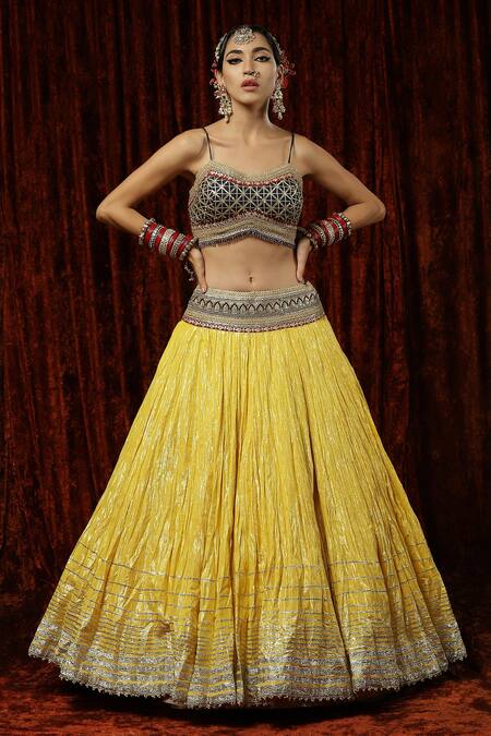 Buy_Shikhar Sharma_Yellow Lehenga Cotton Shimmer Chanderi Embroidery Gota Work Blouse Set _Online_at_Aza_Fashions