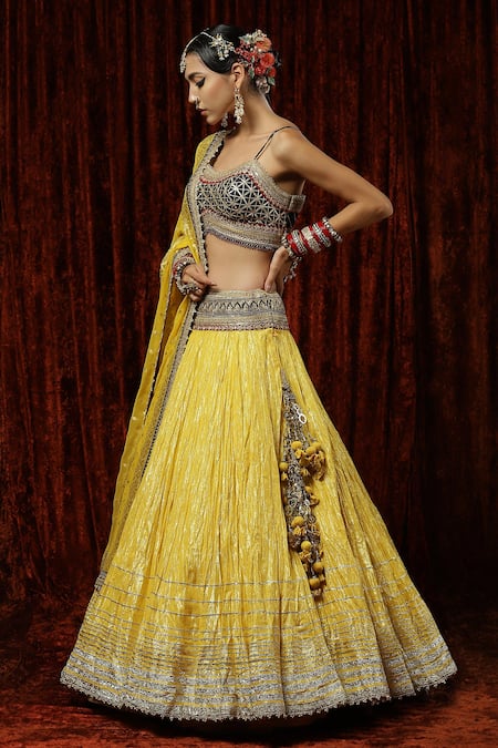 Shop_Shikhar Sharma_Yellow Lehenga Cotton Shimmer Chanderi Embroidery Gota Work Blouse Set _Online_at_Aza_Fashions