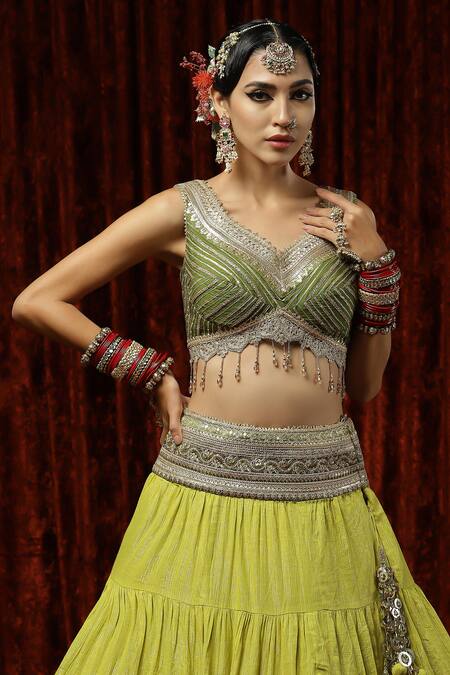 Shikhar Sharma_Green Lehenga Cotton Shimmer Chanderi Embroidery Gota Sweetheart Border Set _Online_at_Aza_Fashions