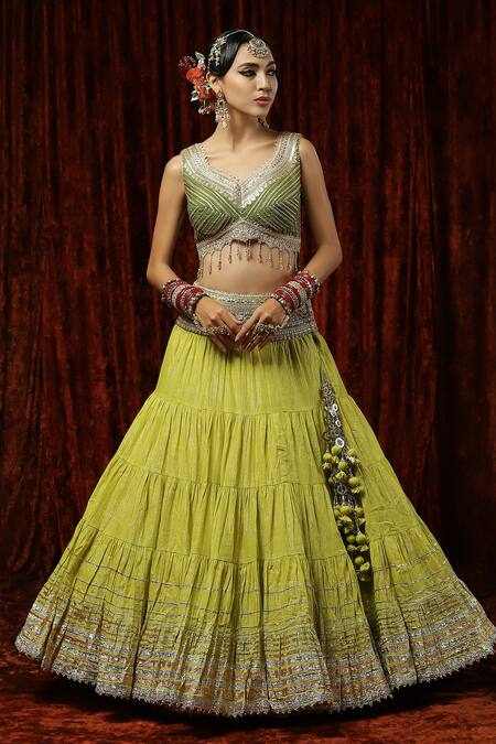 Buy_Shikhar Sharma_Green Lehenga Cotton Shimmer Chanderi Embroidery Gota Sweetheart Border Set _Online_at_Aza_Fashions