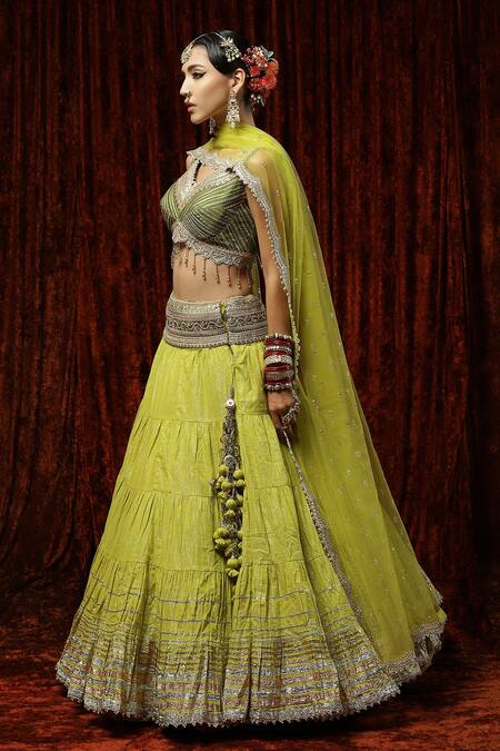 Shop_Shikhar Sharma_Green Lehenga Cotton Shimmer Chanderi Embroidery Gota Sweetheart Border Set _Online_at_Aza_Fashions