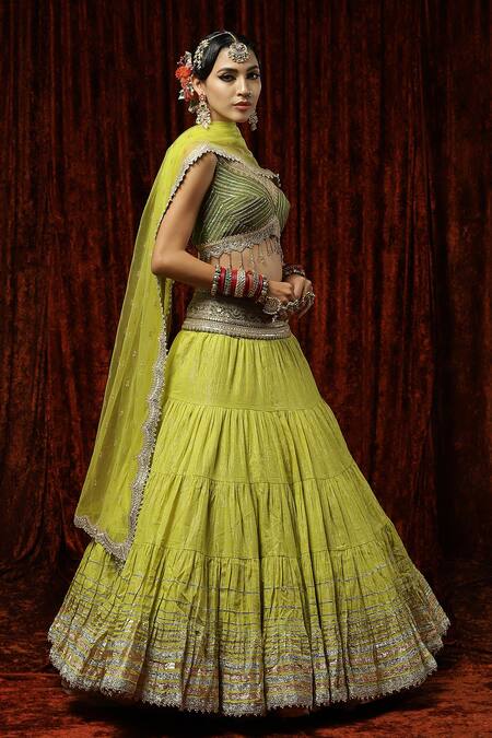 Shikhar Sharma_Green Lehenga Cotton Shimmer Chanderi Embroidery Gota Sweetheart Border Set _at_Aza_Fashions