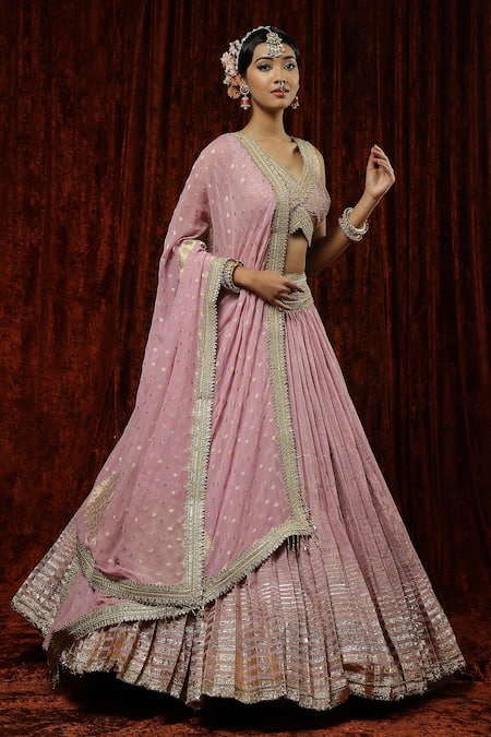 Shikhar Sharma_Purple Lehenga Cotton Shimmer Chanderi Embroidery Gota V Neck Blouse Set _Online_at_Aza_Fashions