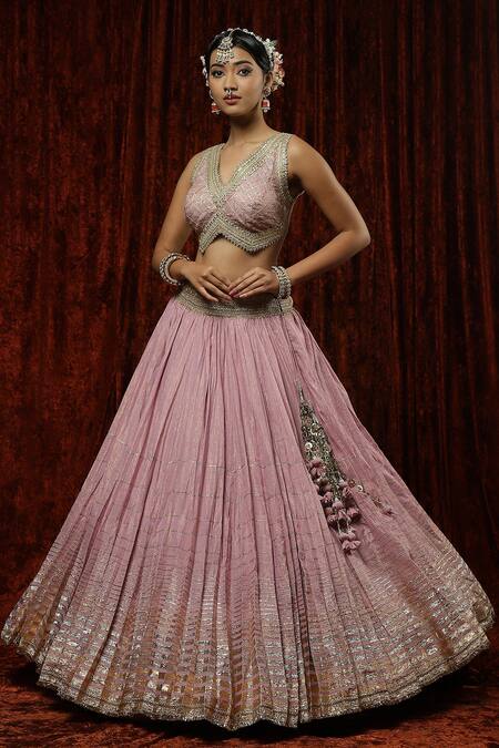 Shikhar Sharma_Purple Lehenga Cotton Shimmer Chanderi Embroidery Gota V Neck Blouse Set _at_Aza_Fashions