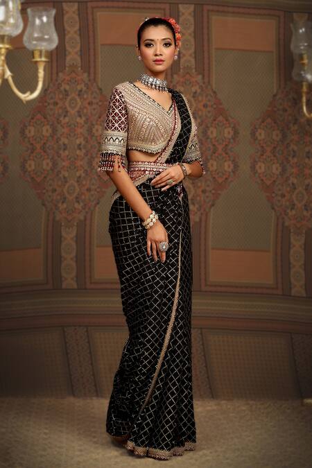 Shikhar Sharma Black Saree Georgette Embroidered Gota V Neck With Blouse Online at Aza Fashions Shikhar Sharma_Black Saree Georgette Embroidered Gota V Neck With Blouse _Online_at_Aza_Fashions