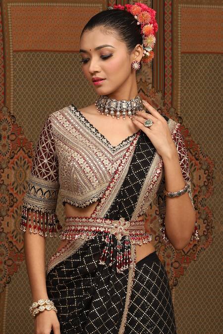 Buy Shikhar Sharma Black Saree Georgette Embroidered Gota V Neck With Blouse Online at Aza Fashions Buy_Shikhar Sharma_Black Saree Georgette Embroidered Gota V Neck With Blouse _Online_at_Aza_Fashions
