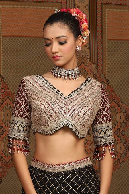 Shop Shikhar Sharma Black Saree Georgette Embroidered Gota V Neck With Blouse Online at Aza Fashions Shop_Shikhar Sharma_Black Saree Georgette Embroidered Gota V Neck With Blouse _Online_at_Aza_Fashions