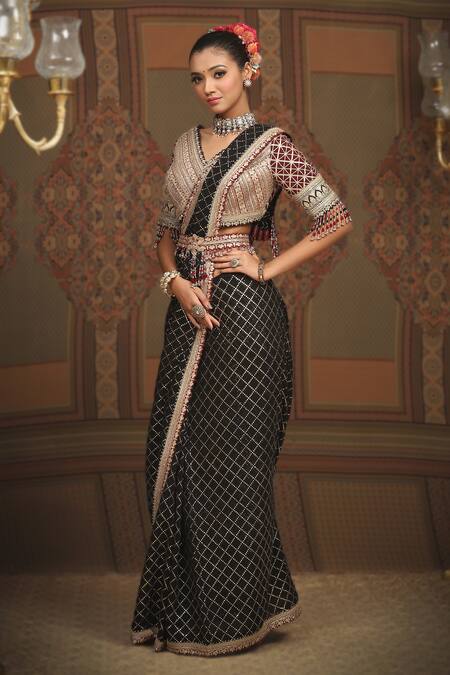 Shikhar Sharma Black Saree Georgette Embroidered Gota V Neck With Blouse at Aza Fashions Shikhar Sharma_Black Saree Georgette Embroidered Gota V Neck With Blouse _at_Aza_Fashions