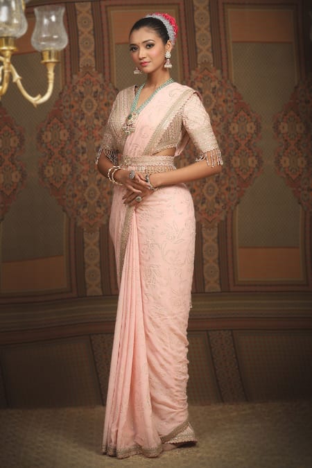 Shikhar Sharma Pink Saree Georgette Embroidered Gota V Neck Floral Badla With Blouse at Aza Fashions Shikhar Sharma_Pink Saree Georgette Embroidered Gota V Neck Floral Badla With Blouse _at_Aza_Fashions