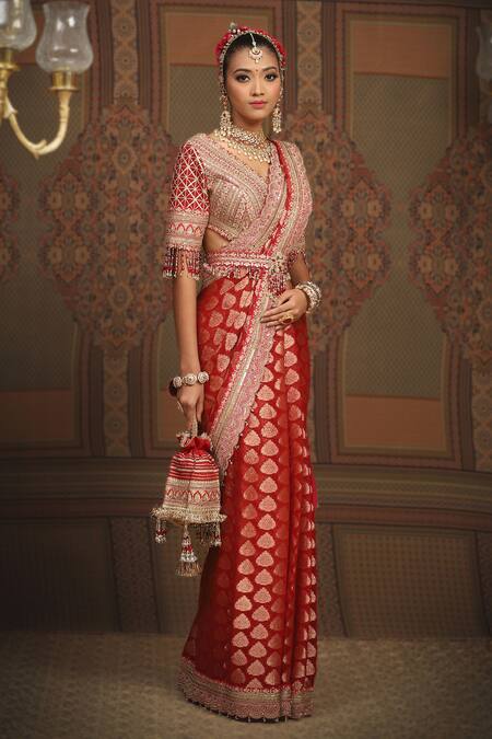 Shikhar Sharma Red Georgette, Silk Beads, Tassels Floral Pattern Guccha Saree With Blouse Online at Aza Fashions Shikhar Sharma_Red Georgette, Silk Beads, Tassels Floral Pattern Guccha Saree With Blouse _Online_at_Aza_Fashions