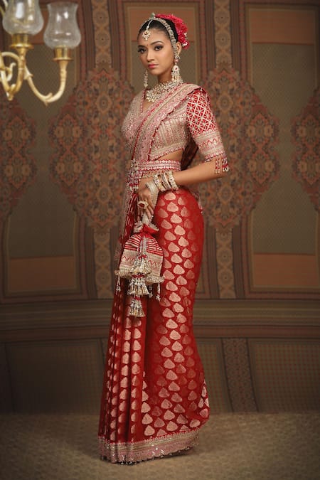 Shikhar Sharma Red Georgette, Silk Beads, Tassels Floral Pattern Guccha Saree With Blouse at Aza Fashions Shikhar Sharma_Red Georgette, Silk Beads, Tassels Floral Pattern Guccha Saree With Blouse _at_Aza_Fashions