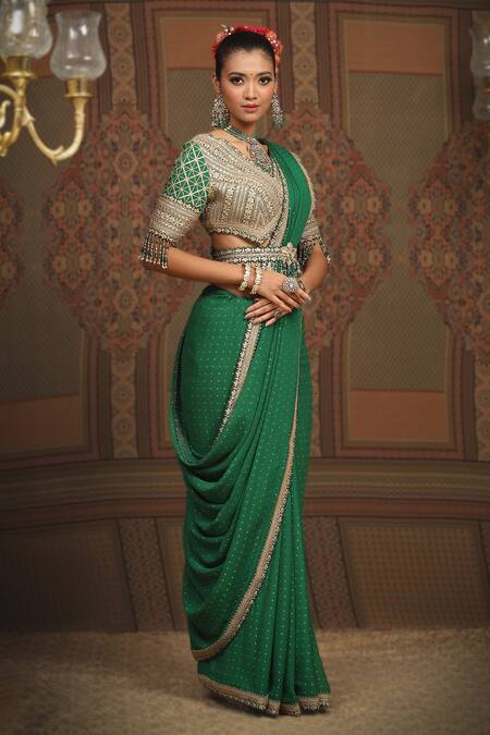Shikhar Sharma_Emerald Green Saree Georgette Embroidered Gota V Neck Badla With Blouse _Online_at_Aza_Fashions