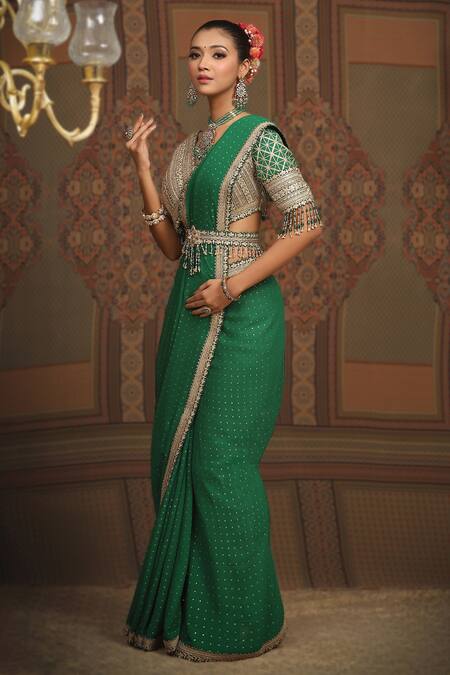 Shikhar Sharma_Emerald Green Saree Georgette Embroidered Gota V Neck Badla With Blouse _at_Aza_Fashions