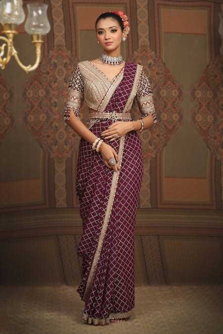 SHIKHAR SHARMA Checkered Badla Embroidered Saree With Blouse 